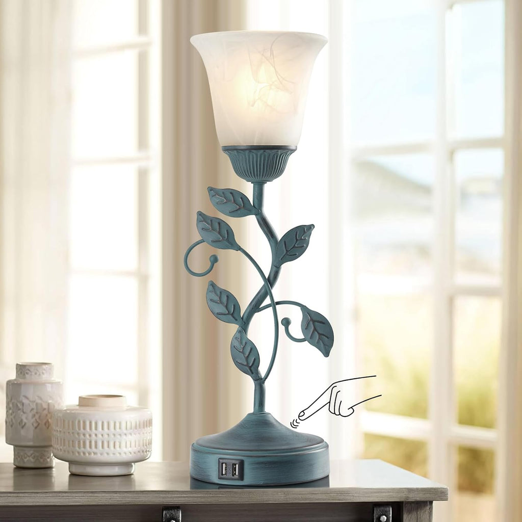 Vintage Touch Table Lamp for Living Room, 3-Way Dimmable Nightstand Lamp with 2 USB Ports, Farmhouse Rustic White Glass Shade Leaf Desk…