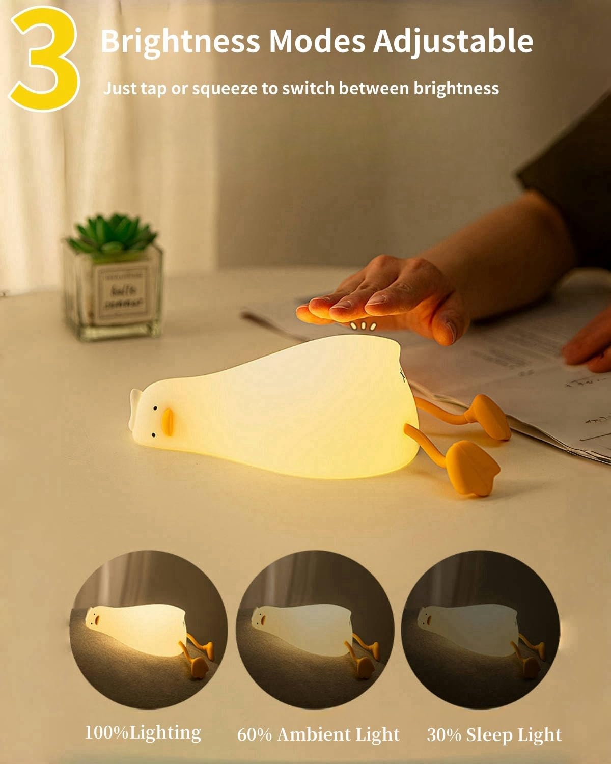 Lying Flat Duck Night Light, Squishy Duck Lamp with Tap Control, 30-Min Auto-Off Timer, Rechargeable Silicone Bedside Lamp for Kids…