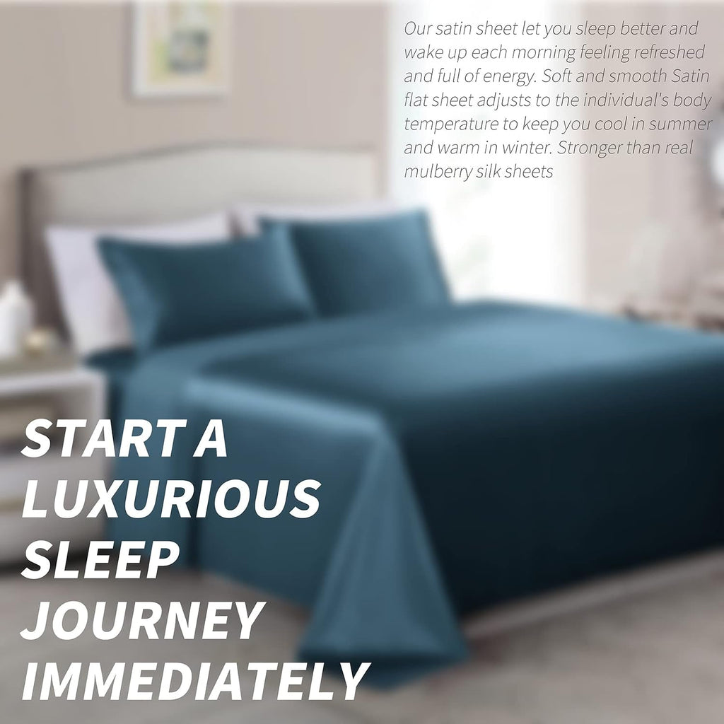 Cobedzy 4 Pieces Navy Blue Satin Sheets Queen Size Bed Set, Luxury Silky Satin Bedding Sheets Set with 1 Deep Pocket Fitted Sheet, 1 Soft F…