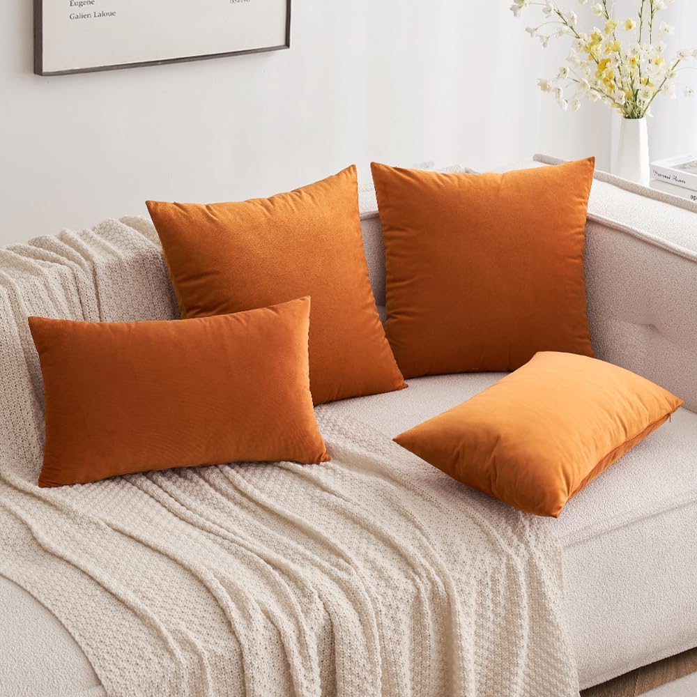 Miulee Velvet Throw Pillow Covers 12x20 Inch, Pack of 2 - Orange, Soft Solid Lumbar Decorative Pillow Covers Modern Luxury Home Decor for C…