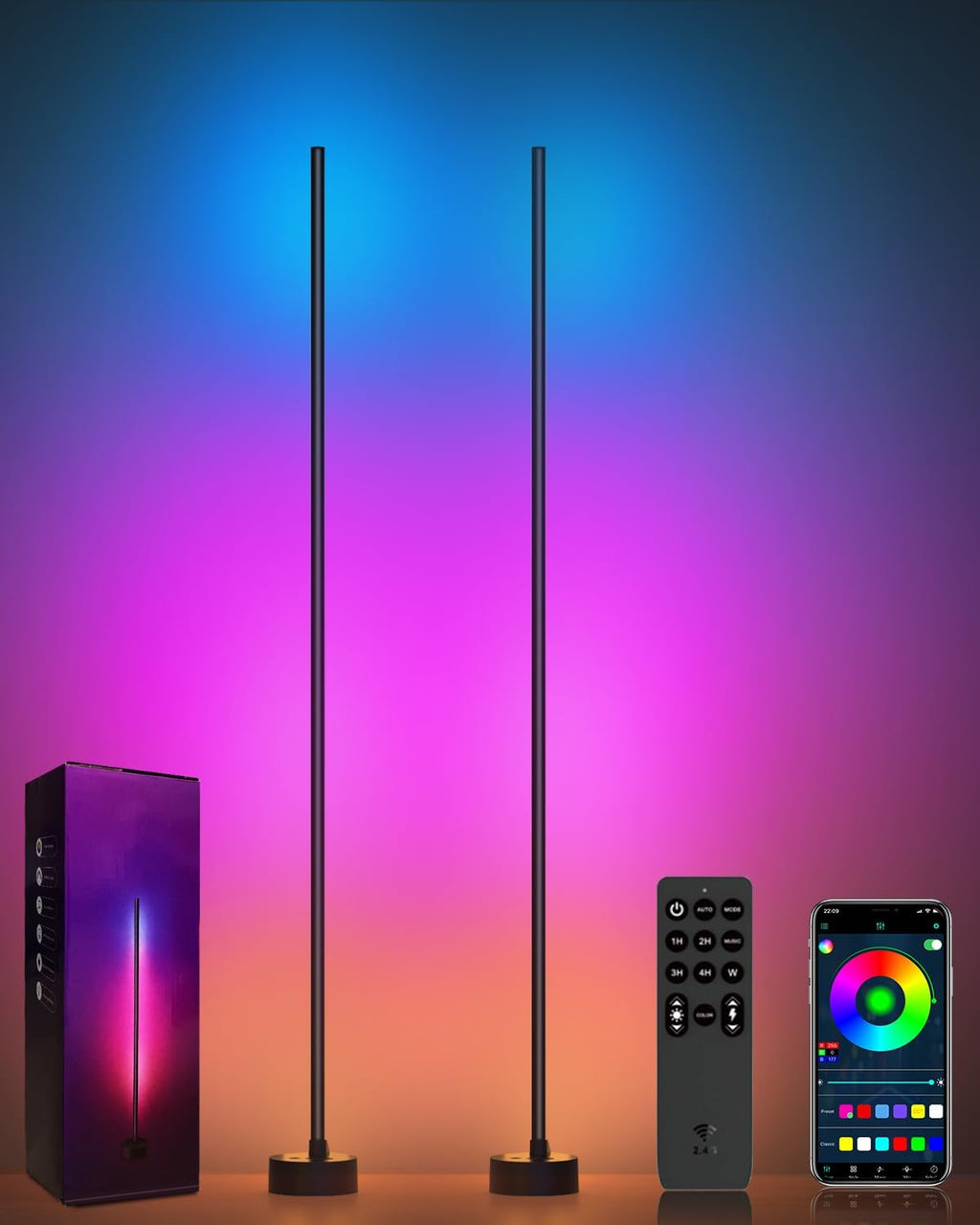 Miortior Corner Floor Lamp LED, 2-Pack Corner Lamp with App/Remote/Button Control, Smart RGB Floor Lamp with Music Sync, 16 Million DIY…