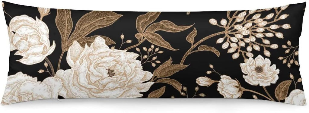 Body Pillow Cover Vintage Peony Body Pillowcase Beige Floral Leave Rustic Black Decorative Rectangle Long Pillow Cases Beige Flower…