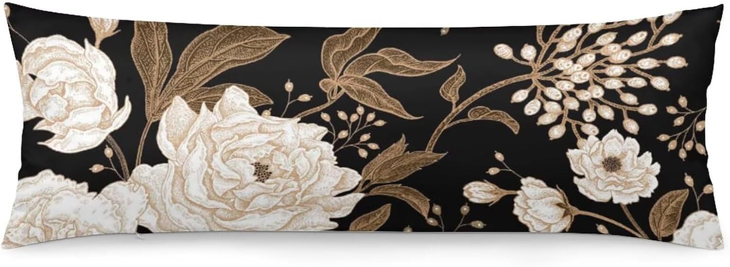 Body Pillow Cover Vintage Peony Body Pillowcase Beige Floral Leave Rustic Black Decorative Rectangle Long Pillow Cases Beige Flower…