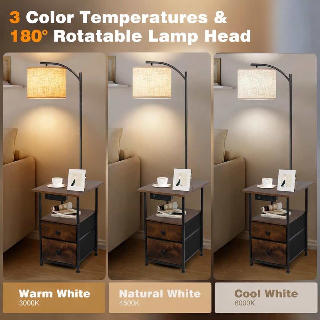 PESRAE Floor Lamp with Table & 2 Drawers, End Table with 3 Color Temperature Reading Light, Side Table Lamp with USB & Type C & AC…