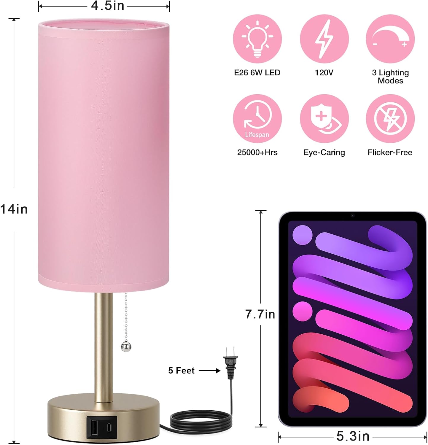 Dicoool Pink Bedside Table Lamp for Bedroom, Small Nightstand Lamp for Girls, 3 Color Temperatures & USB Charging Port, Cute Desk Lamp…