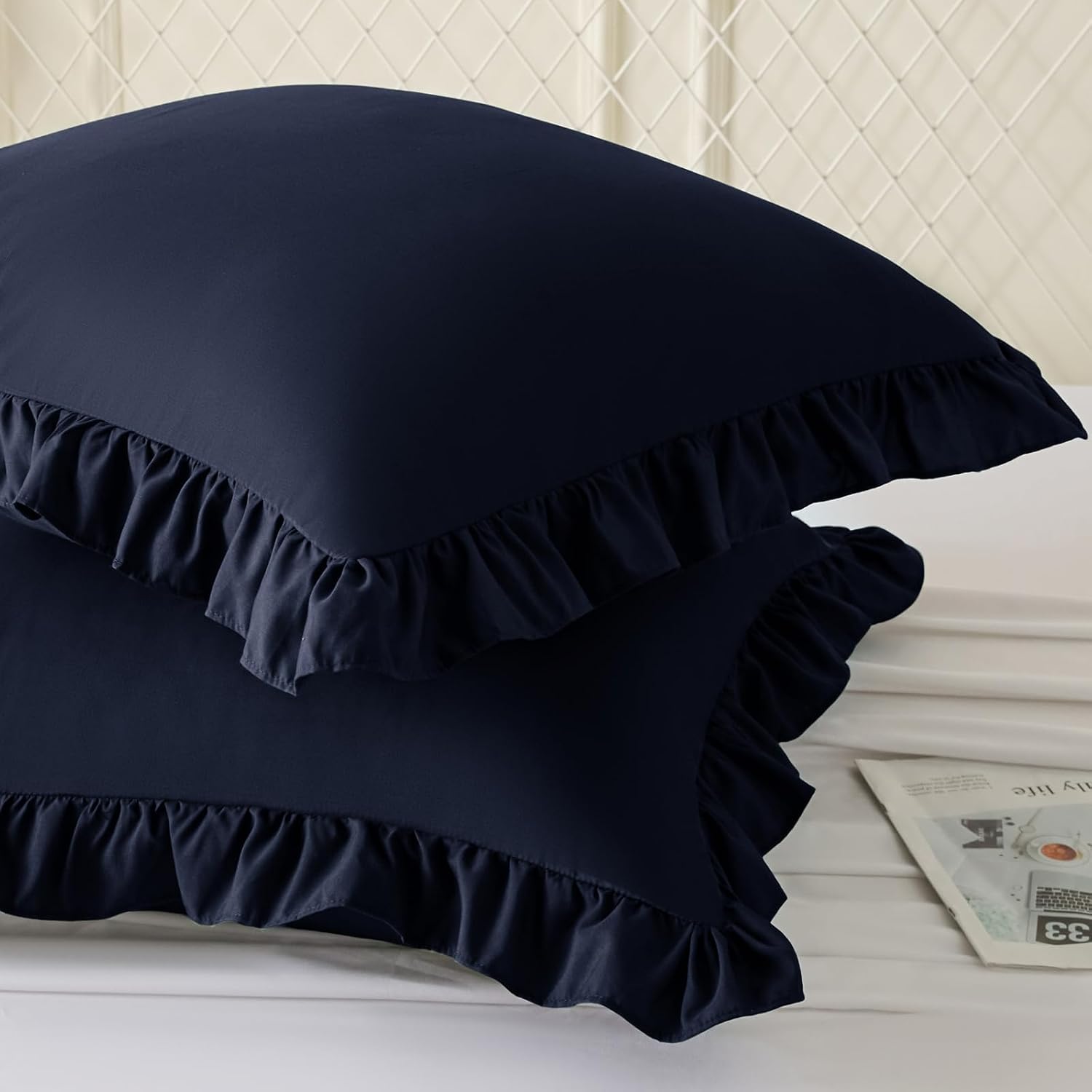 KKJIAF Ruffle Pillow Cases 22x22 Inches, Navy Blue Square Ruffled Pillow Covers Set of 2, Microfiber Wrinkle Resistant Pillow Shams with…