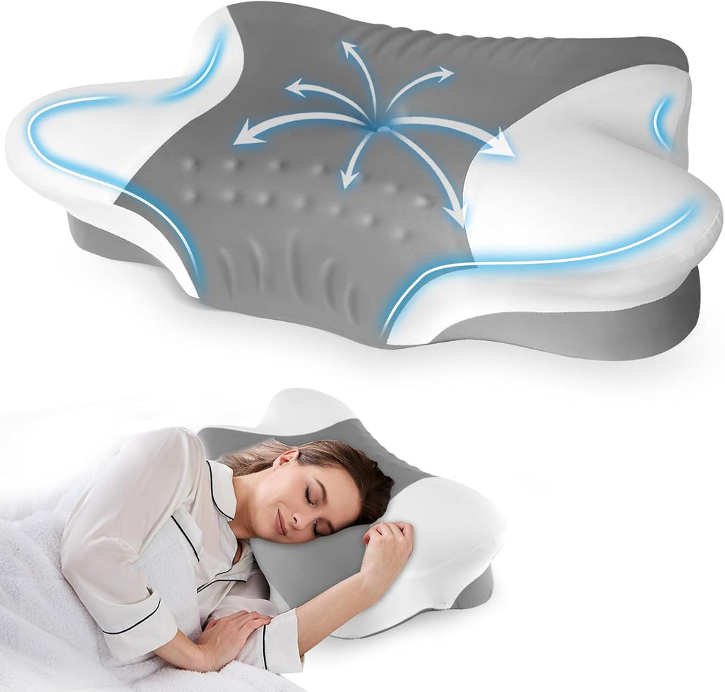 Puzzlandia Cervical Pillow for Neck Pain, Cooling Butterfly Pillow for Side Sleepers – Adjustable Orthopedic Contour Memory Foam Pillow, Cont…