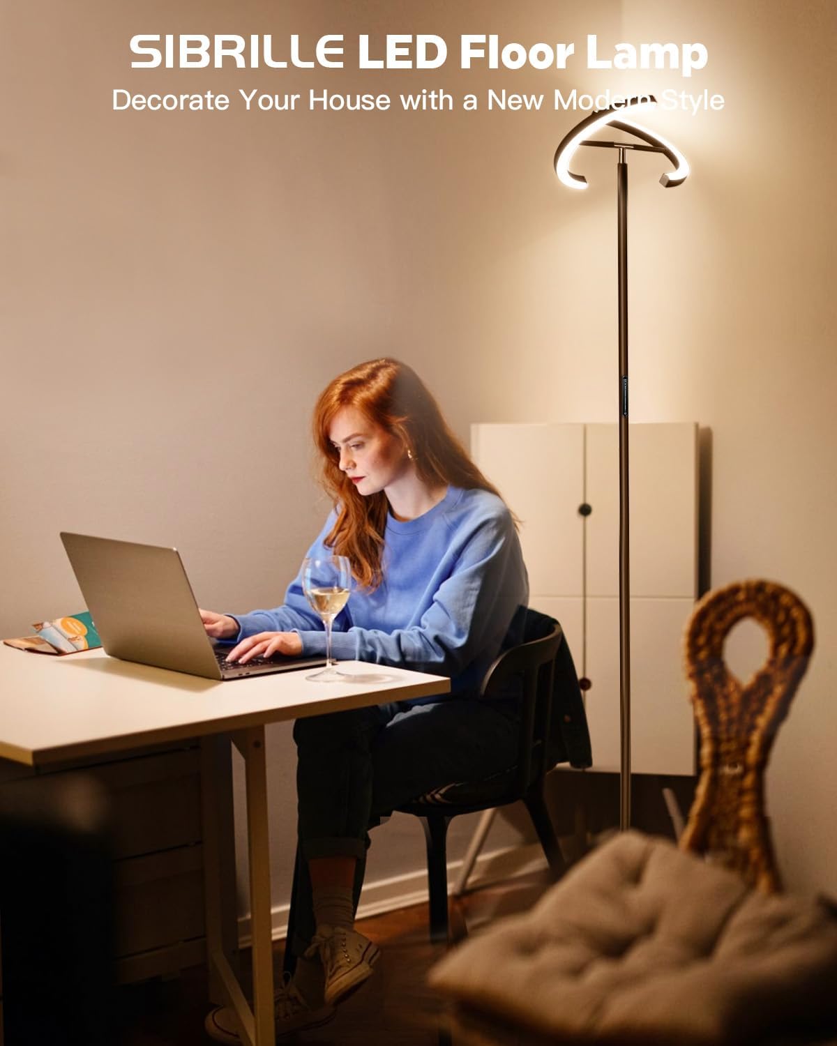 SIBRILLE Brown Floor Lamp, Modern Stepless Dimmable Standing Lamp with Remote Control, 22W 3000-6000K LED Rotatable Floor Light Uplighter…