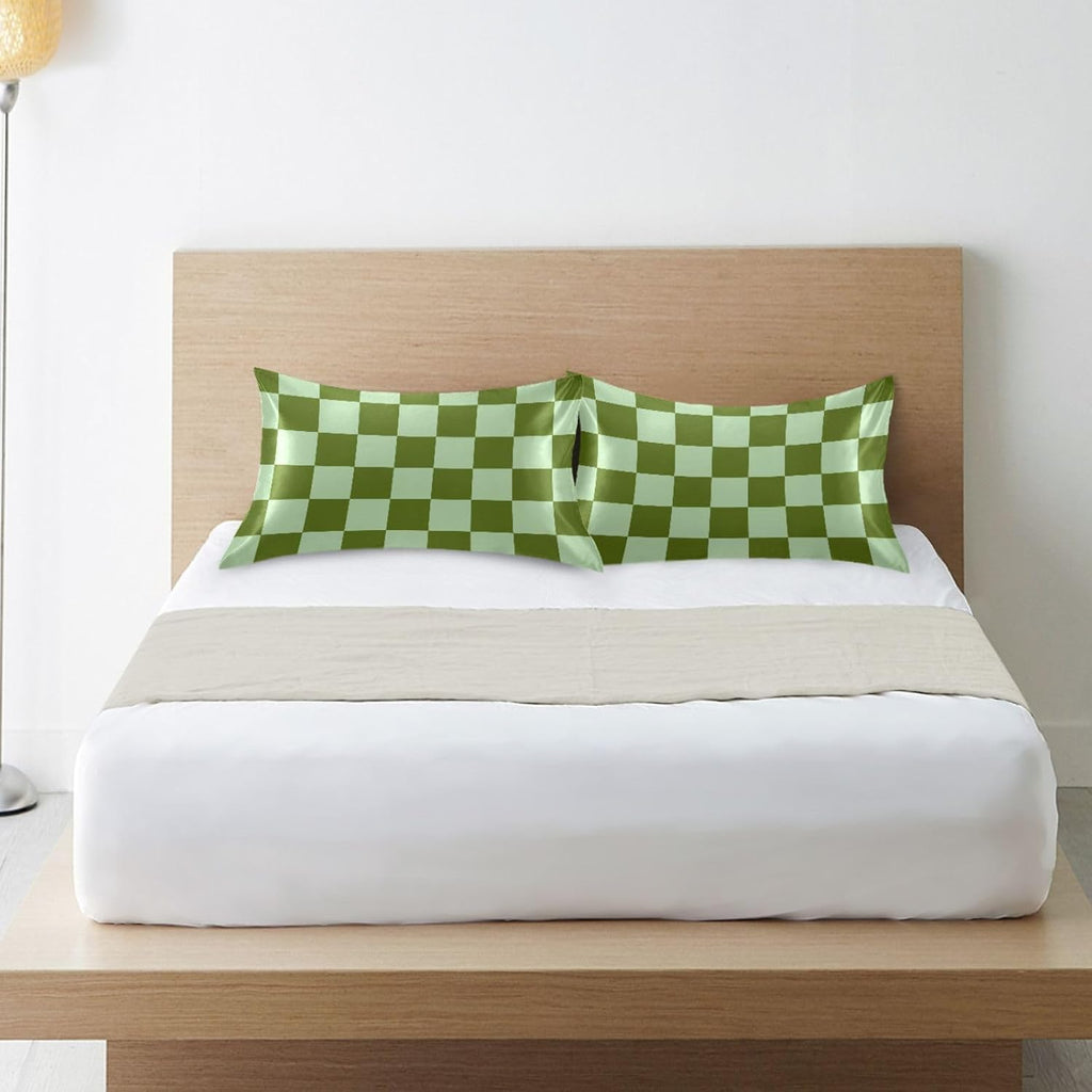Checkerboard Green Plaid Print Pillow Covers Silk Pillowcase for Hair and Skin Breathable Soft Satin Pillowcase Queen Size Pillow Case…