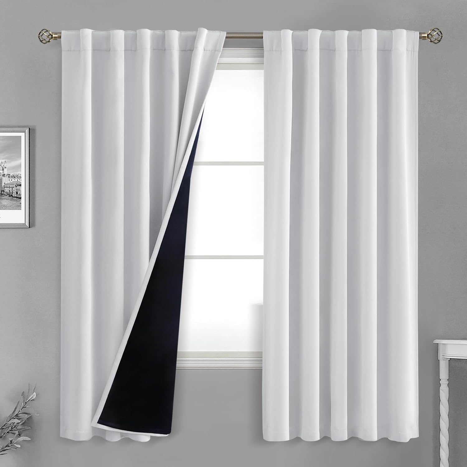 BGment Greyish White 100% Blackout Curtains 72 Inches Long with Noise-reducing Liner, Rod Pocket and Back Tab Double Layer Room Darkening…