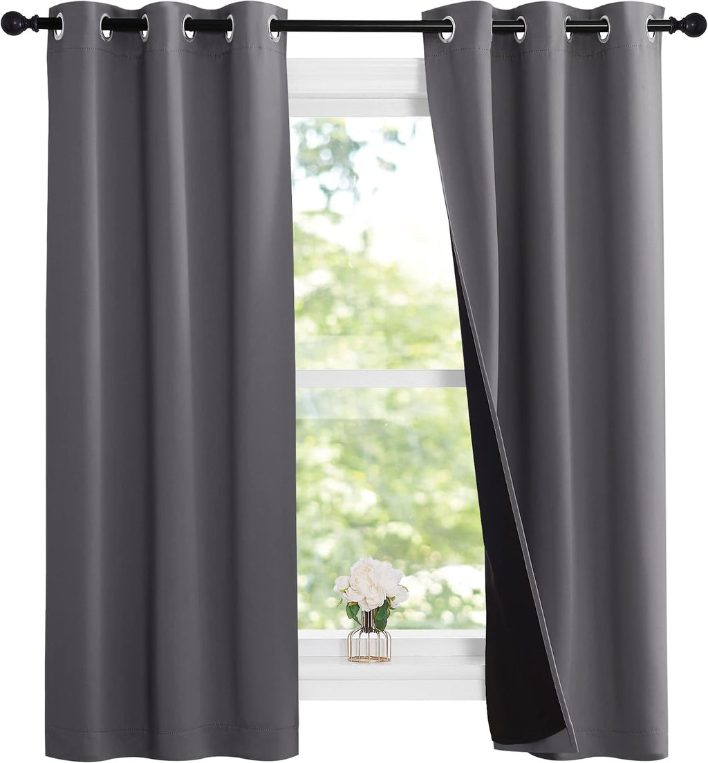 Nicetown 100% Blackout Short Curtains with Black Liners, Solid Thermal Insulated Full Blackout 2-Layer Lined Drapes, Energy Efficiency Wind…