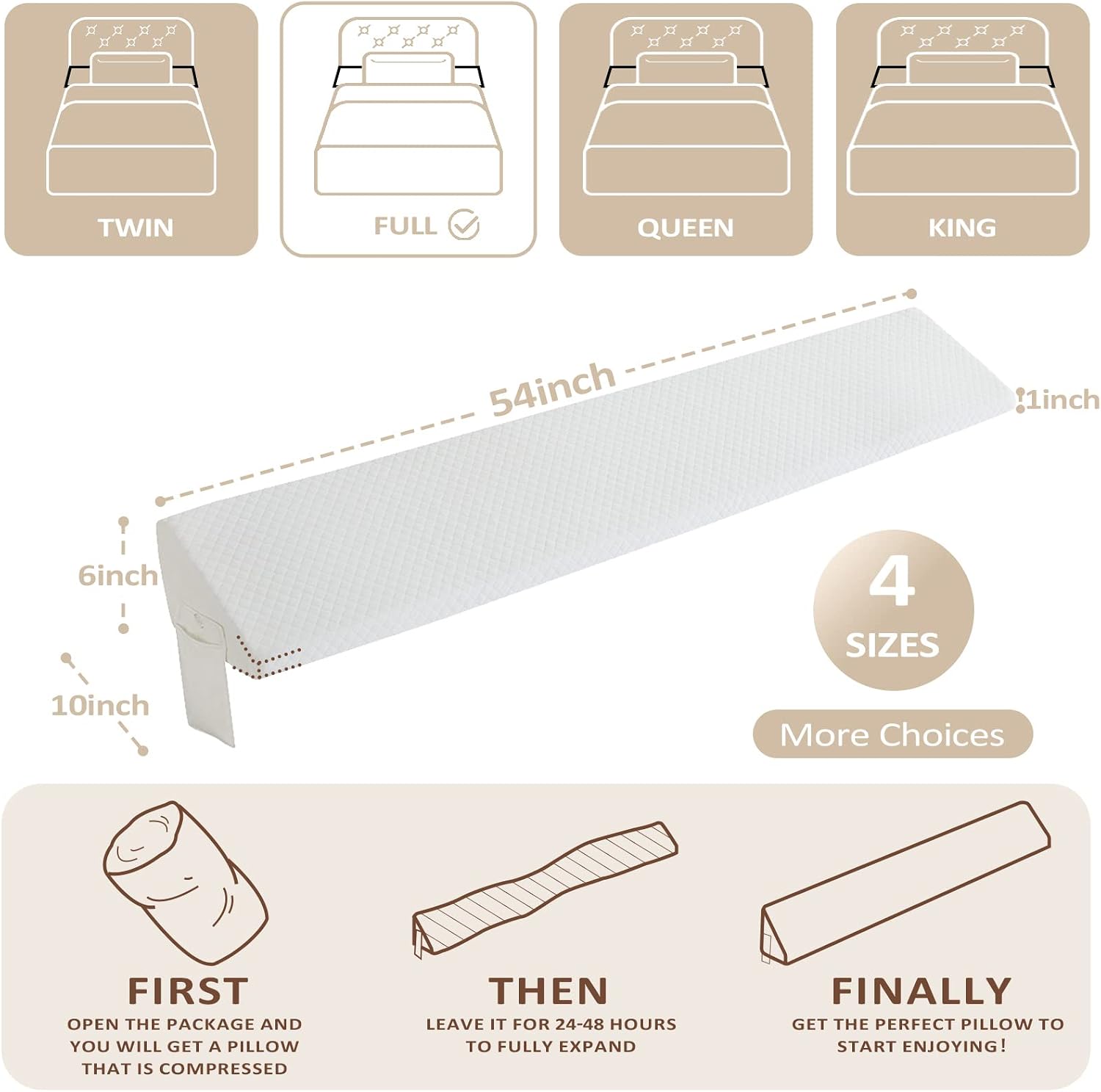 Homemate Full Size(54"x10"x6") Bed Wedge Pillow Stopper - Bed Gap Filler(0-8") - Headboard Pillow - Triangle Bloster Pillow Wedge - White