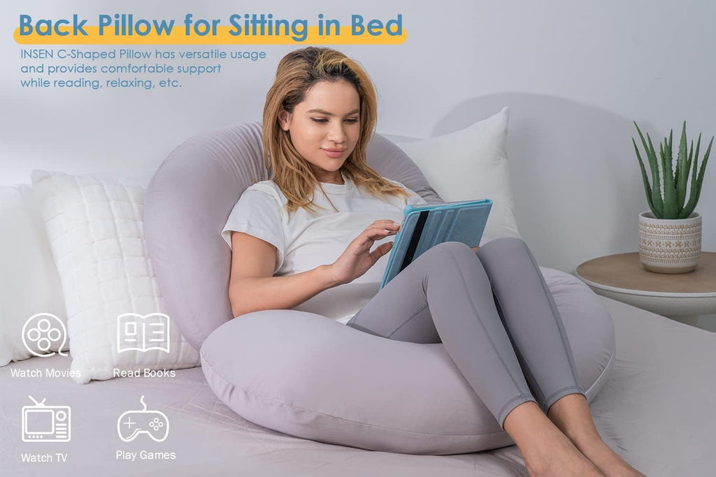 INSEN Cooling Pregnancy Pillow, Maternity Pillow with Tencel Cover, C Shaped for Pregnant and Side Sleeping, Sliver Gray