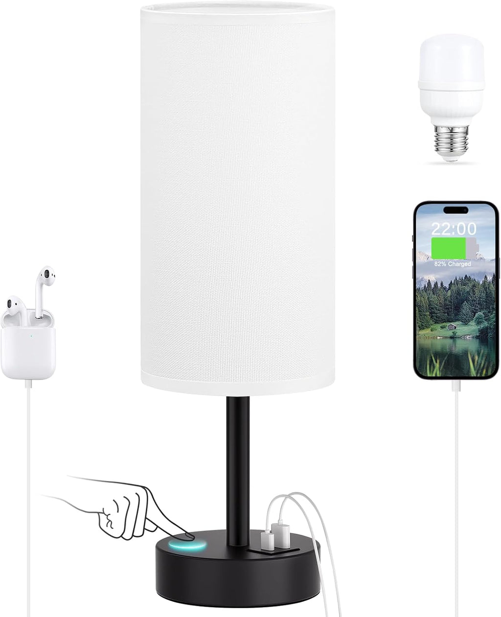 Dicoool White Touch Table Lamp with USB - 3 Way Dimmable Bedside Lamp for Nightstand, Bedroom Lamp with Black Charging Station for Desk…