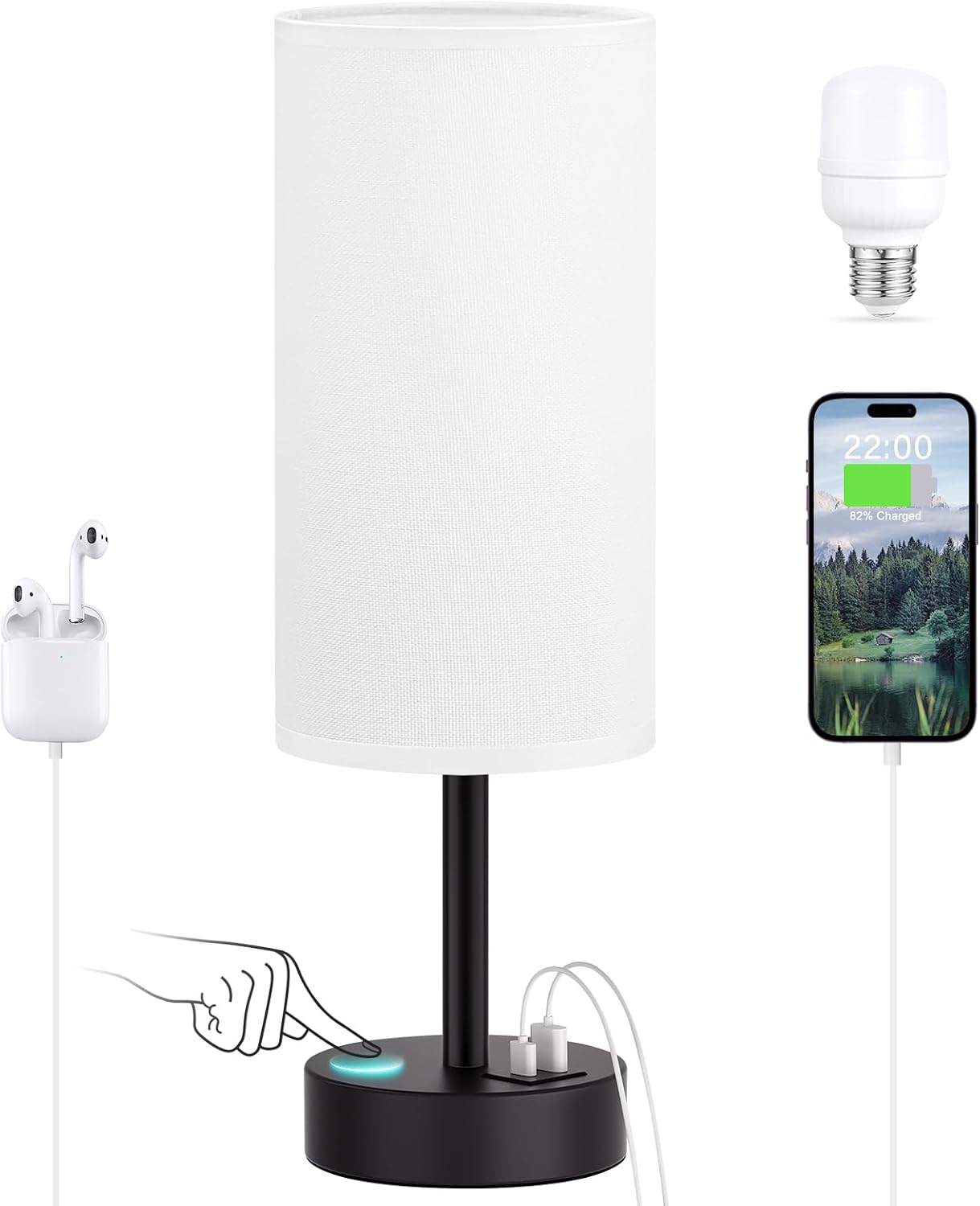 Dicoool White Touch Table Lamp with USB - 3 Way Dimmable Bedside Lamp for Nightstand, Bedroom Lamp with Black Charging Station for Desk…
