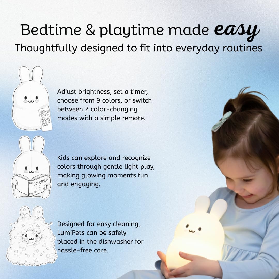 Lumipets Baxter The Bunny Squishy Night Light for Kids | Silicone Lamp with Tap & Remote Control | Rechargeable Color Changing Animal…