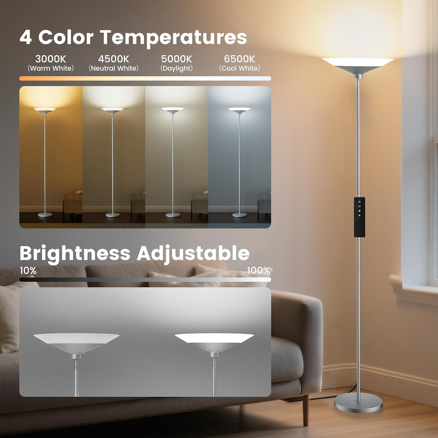 SIBRILLE Silver Torchiere Floor Lamp - 30W Dimmable LED Standing Lamp with Remote/Button Control, 1800Lm, 3000-6500K, 72in Bright…