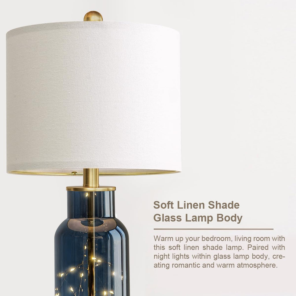 Oneach 22" Glass Table Lamps Set of 2, Blue Modern Bedside Lamp with LED Night Light for Living Room, Nightstand Lamp with USB Ports for Be…