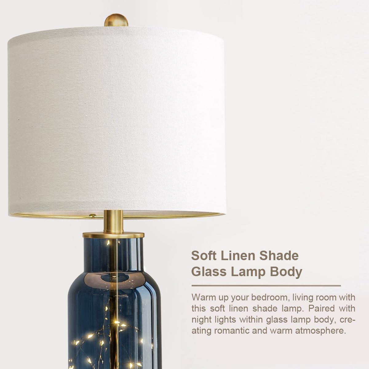 Oneach 22" Glass Table Lamps Set of 2, Blue Modern Bedside Lamp with LED Night Light for Living Room, Nightstand Lamp with USB Ports for Be…