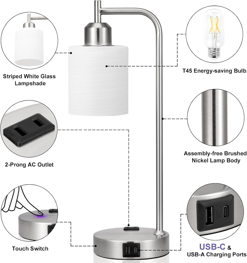 Innqoo Industrial Nickel Table Lamps for Bedrooms Set of 2-3-Way Dimmable Desk Lamp with USB C+A Ports and Outlet, Sliver Lamps with…