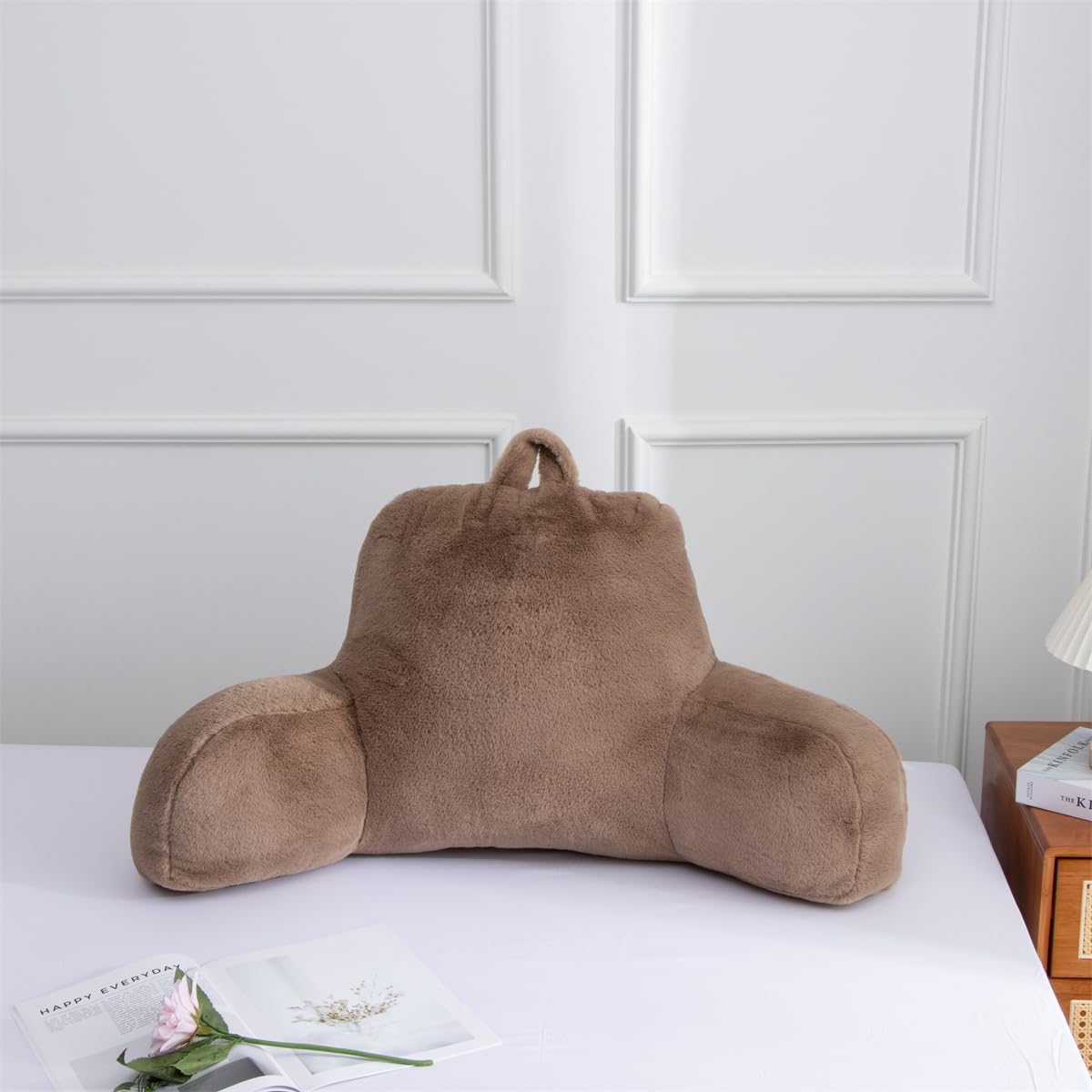 Holawakaka Standard Faux Fur Bed Rest Pillow with Arms, Artificial Rabbit Fur Reading Pillows Perfect for Adults, Teens, Kids, Pregnancy Lu…