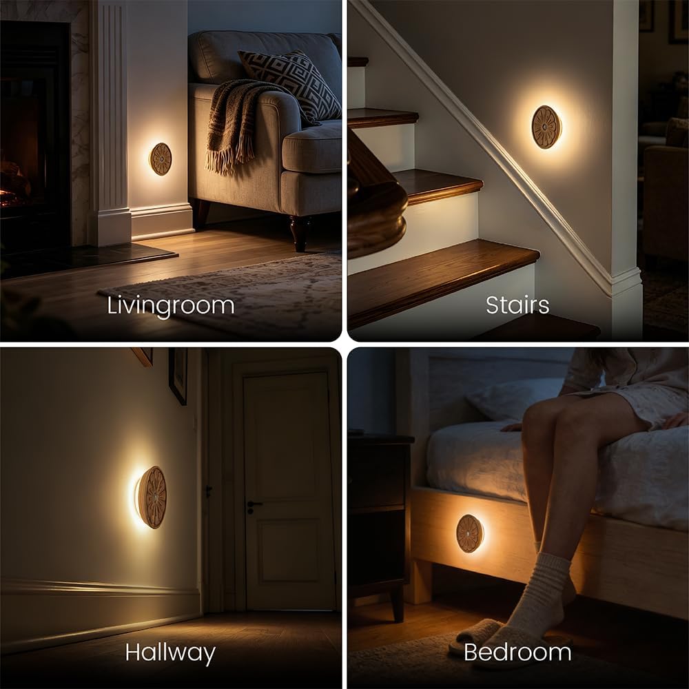 Flower Motion Sensor Night Light, Carved Wooden Flower Wall Lamp, Backlight LED Light, Rechargeable & Stick-On Magnetic Mount for Indoor…