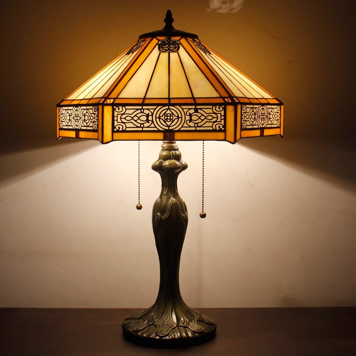 WERFACTORY Tiffany Table Lamp Yellow Hexagon Stained Glass Bedside Lamp Mission 16X16X24 Inches Desk Reading Light Metal Base Decor…