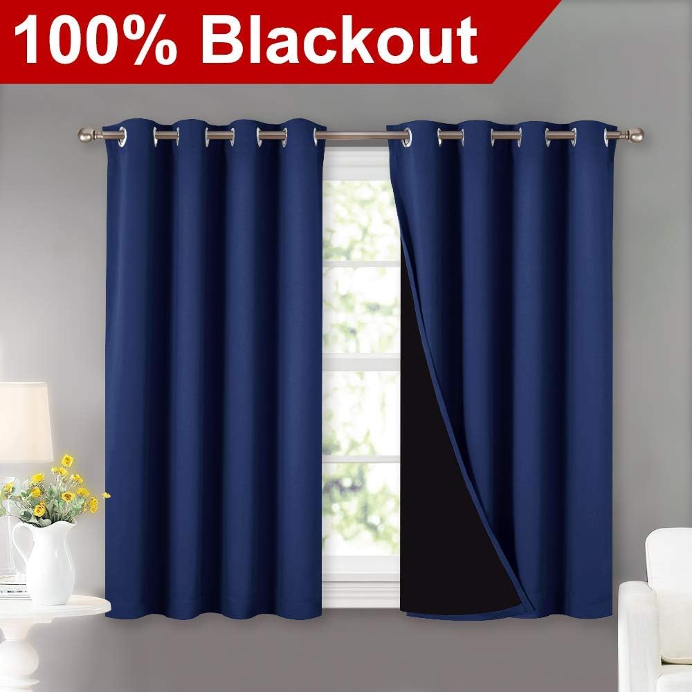 Nicetown 100% Blackout Curtains with Black Liners, Thermal Insulated 2-Layer Lined Drapes, Energy Efficiency Small Window Draperies for Din…
