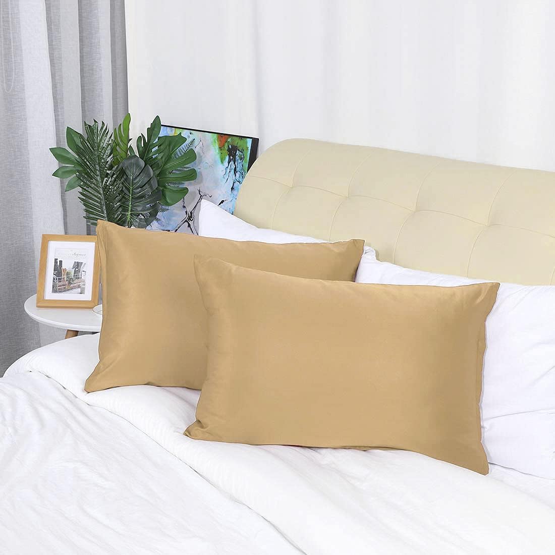 uxcell Queen Satin Pillowcase with Zipper, Super Soft and Luxury, Silky Pillow Cases Covers Set of 2, 21"x31", Gold