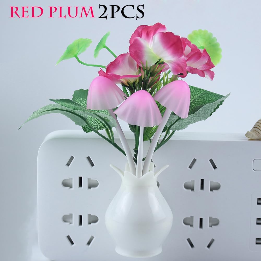 4 Pack Mushroom Night Light, Plum Blossom Rose Flowers Plants Plug-in Mushrooms Colors Changing Nightlight Colorful LED Wall Lamp Little…