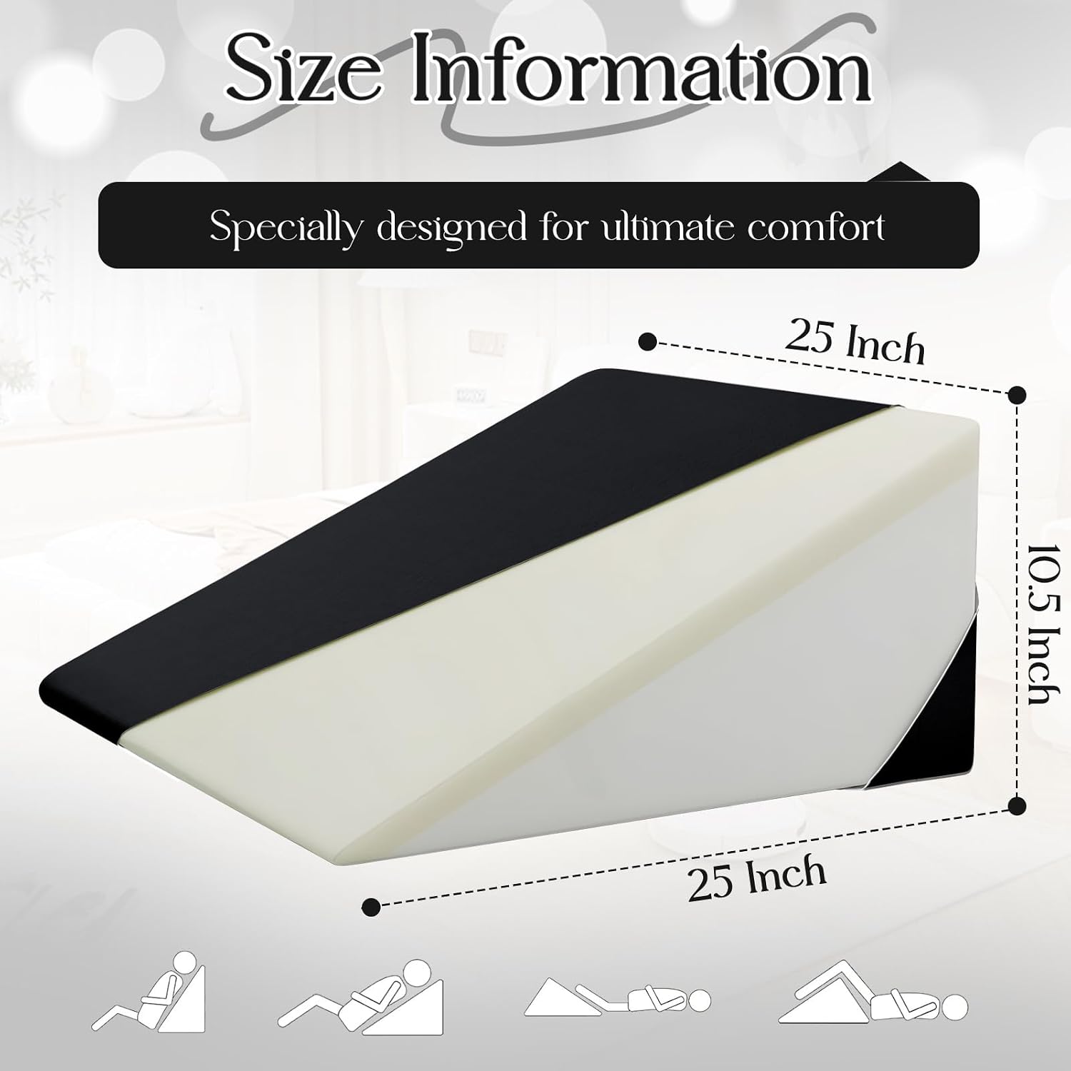 Cotton Wedge Pillow Cover for 24" x 24" x 10" Wedge Bed Pillow, Zippered Wedge Pillow Case Protector with Side Pocket, Black (Pillow Not…
