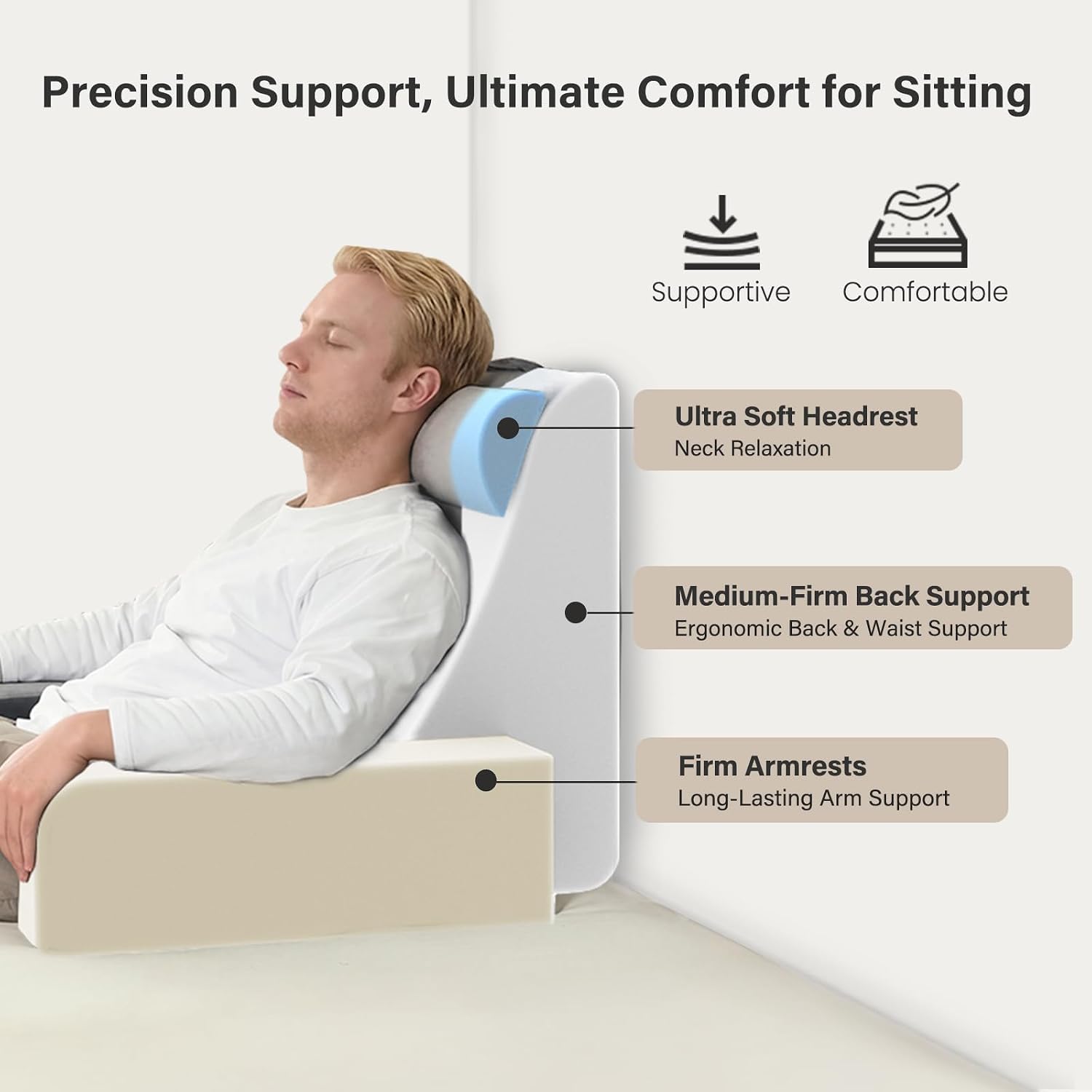 Vekkia 25" Extra-Large Reading Pillow for Tall Adults – 60° Ergonomic Wedge Back Pillow with Built-in Armrests, Adjustable Headrest &…