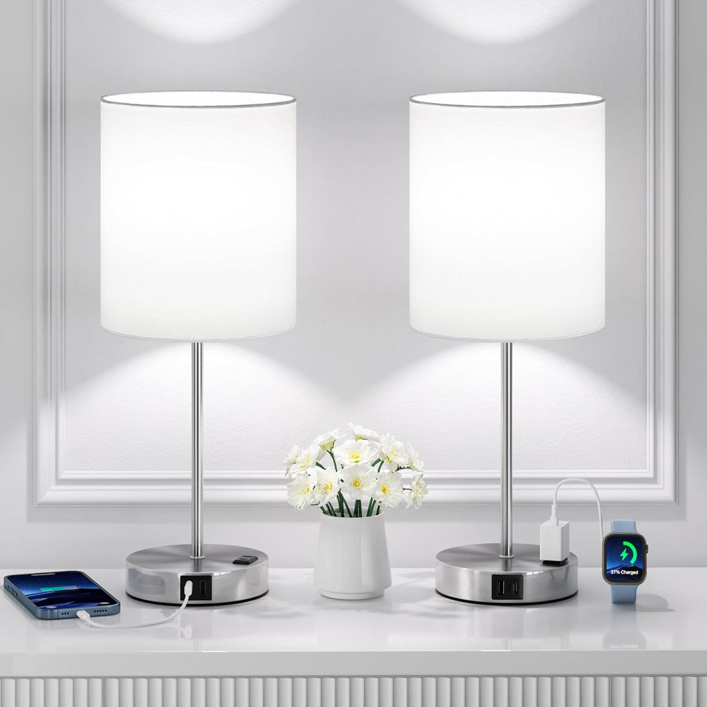 Fenmzeelighting White Touch Lamps for Nightstand Set of 2 - Bedside Table Lamp for Bedroom with Dual USB Ports & AC Outlet, 3-Way Dimmable…