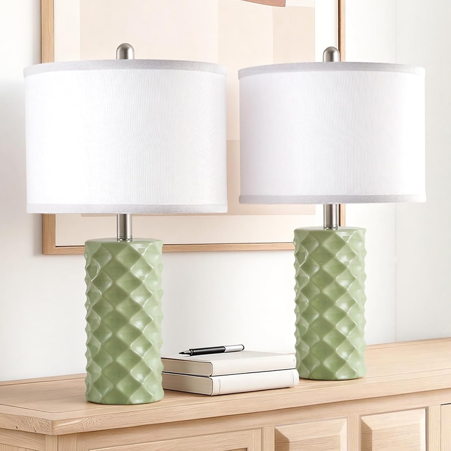 BLHDZJR Vitality Green & Star Diamond Ceramic Table Lamps (Set of 2) - 23" Luxe Modern Bedside Lamps for Nightstand, bedrooms, Living…