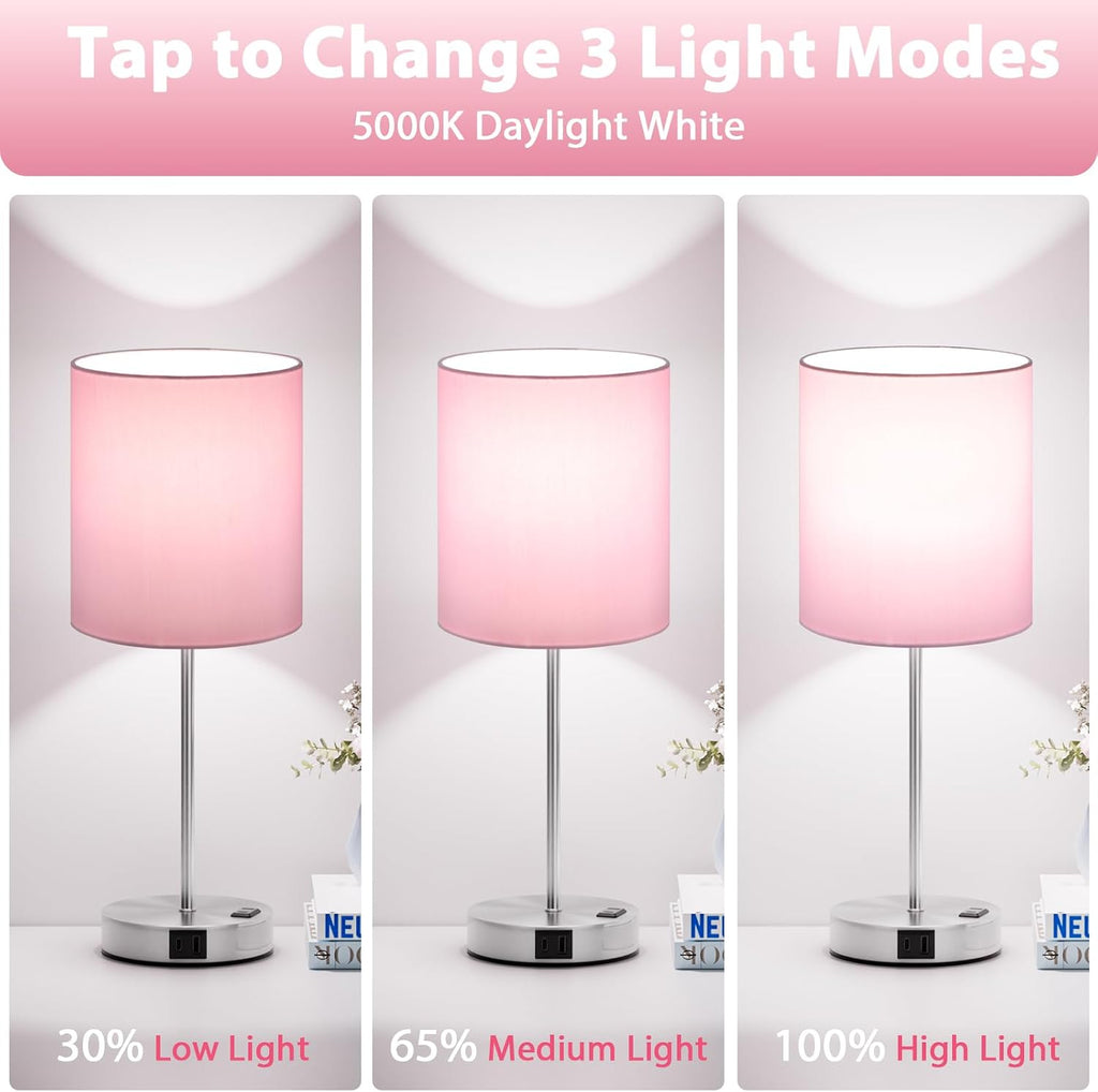 Fenmzeelighting Pink Touch Lamps for Nightstand Set of 2 - Bedside Table Lamp for Bedroom with Dual USB Ports & AC Outlet, 3-Way Dimmable L…