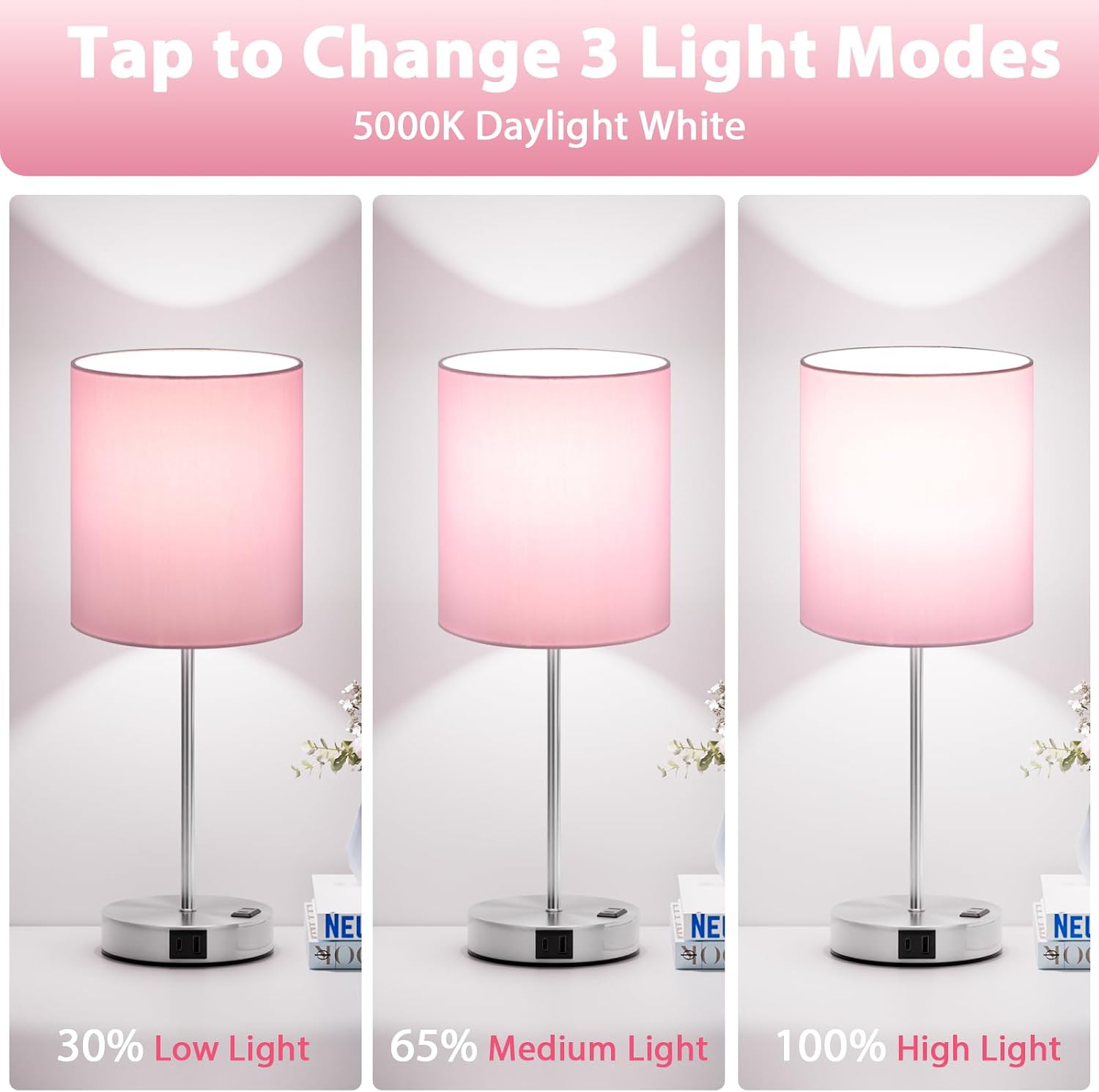 Fenmzeelighting Pink Touch Lamps for Nightstand Set of 2 - Bedside Table Lamp for Bedroom with Dual USB Ports & AC Outlet, 3-Way Dimmable L…
