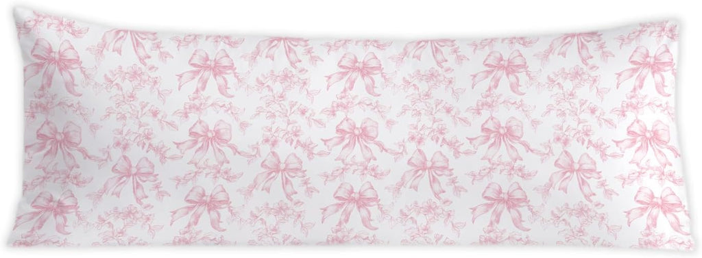 Coquette Pink Bow Grandmillennial Floral 20x54 Body Pillow Cover, Chinoiserie Decor, Girly Room Decor, Vintage Pink and White Flower…