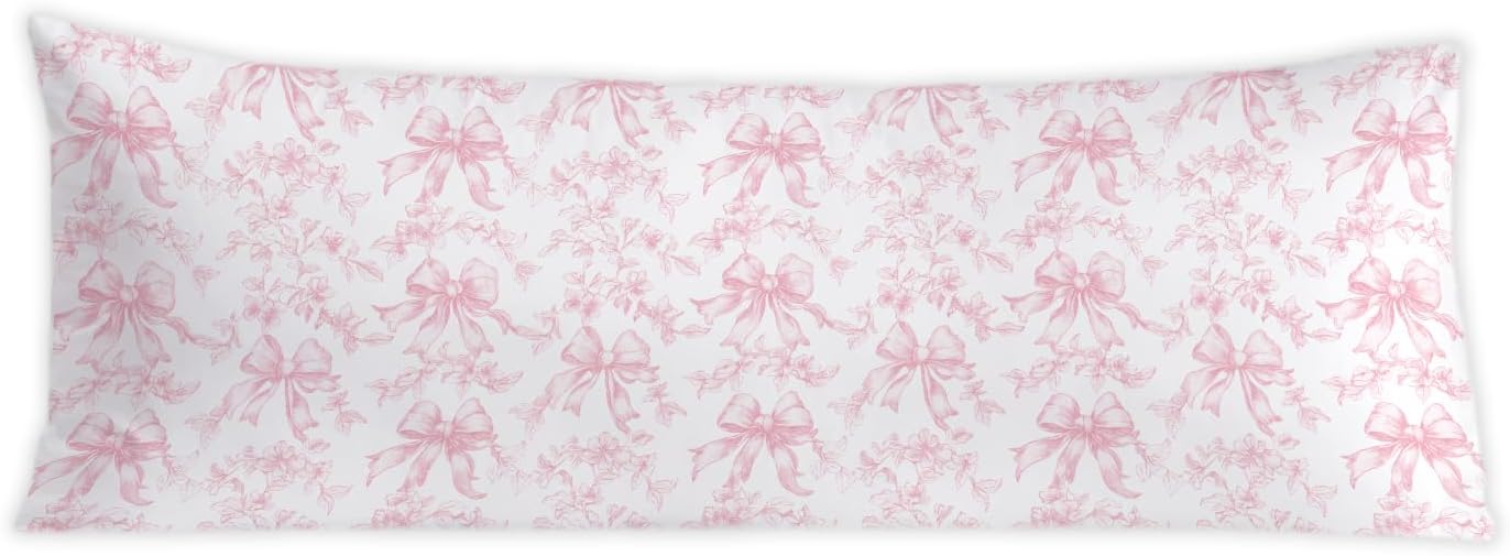 Coquette Pink Bow Grandmillennial Floral 20x54 Body Pillow Cover, Chinoiserie Decor, Girly Room Decor, Vintage Pink and White Flower…