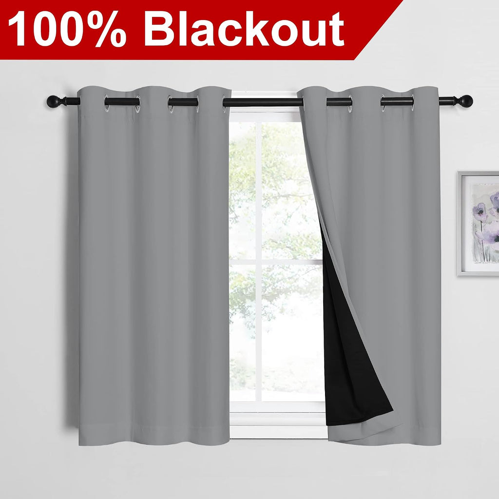 Nicetown Silver Grey 100% Blackout Curtains with Black Liners, Thermal Insulated Full Blackout 2-Layer Curtains, Energy Efficiency Window D…