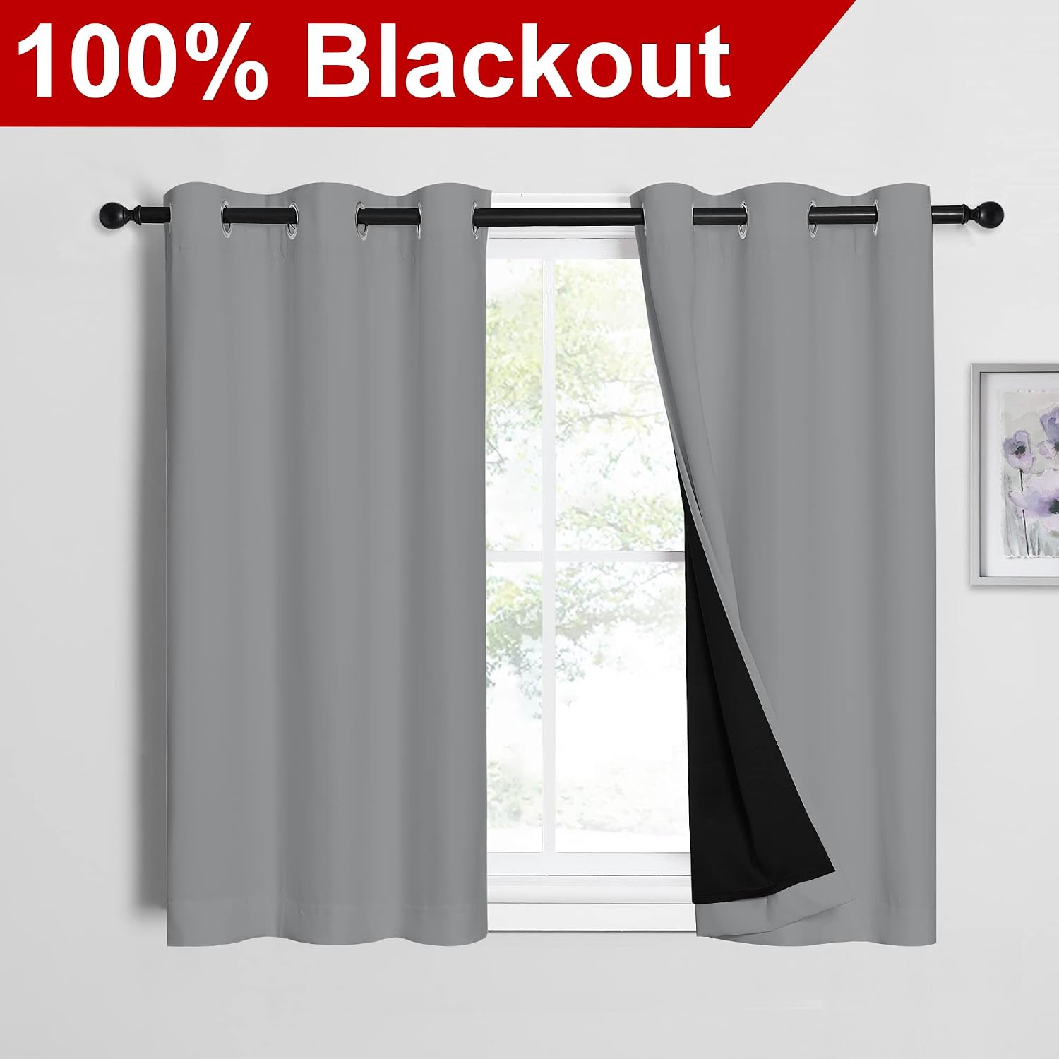 Nicetown Silver Grey 100% Blackout Curtains with Black Liners, Thermal Insulated Full Blackout 2-Layer Curtains, Energy Efficiency Window D…
