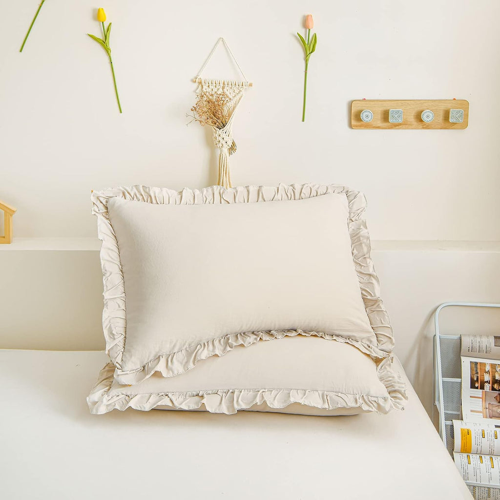 Merryword Beige Pillowcases Ruffled Pillow Shams Beige Grey Ruffle Queen Pillowcases Set of 2 Shabby Chic Pillowcases 2 Pack 2 Pack Grey