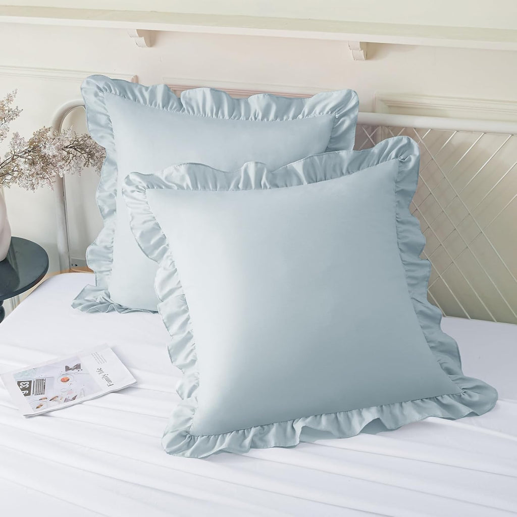 KKJIAF Ruffle Pillow Cases 26x26 Inches, Dusty Blue Square Ruffled Pillow Covers Set of 2, Microfiber Wrinkle Resistant Pillow Shams with…
