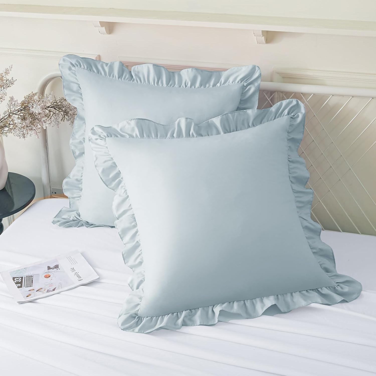 KKJIAF Ruffle Pillow Cases 26x26 Inches, Dusty Blue Square Ruffled Pillow Covers Set of 2, Microfiber Wrinkle Resistant Pillow Shams with…