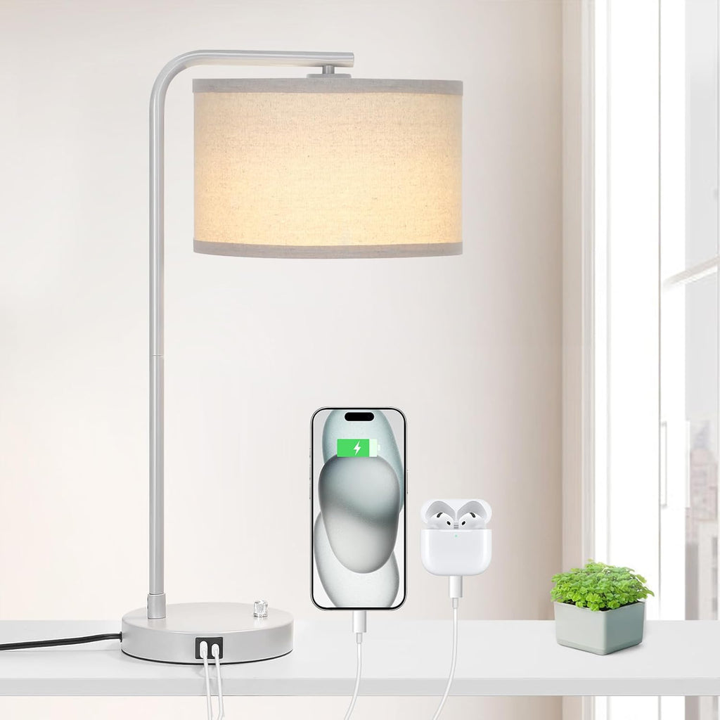 Table Lamp with USB C+A Ports, Fully Dimmable Nightstand Lamp for Living Room, Modern Grey Bedside Lamp, Tall Table Lamp with Beige Shade…