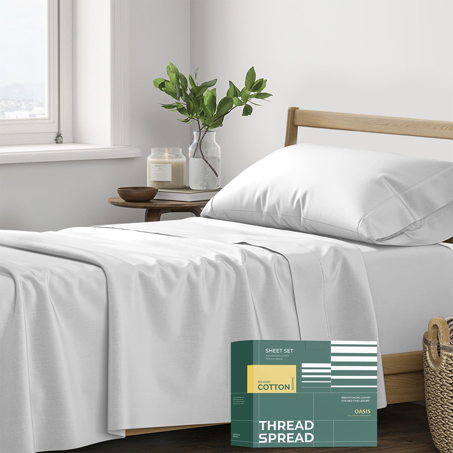 THREAD SPREAD 100% Organic Cotton Sheets Twin Size - 3 PC Organic Cotton Twin Size Percale Weave Sheet Set, Soft, Cooling, Crisp &…