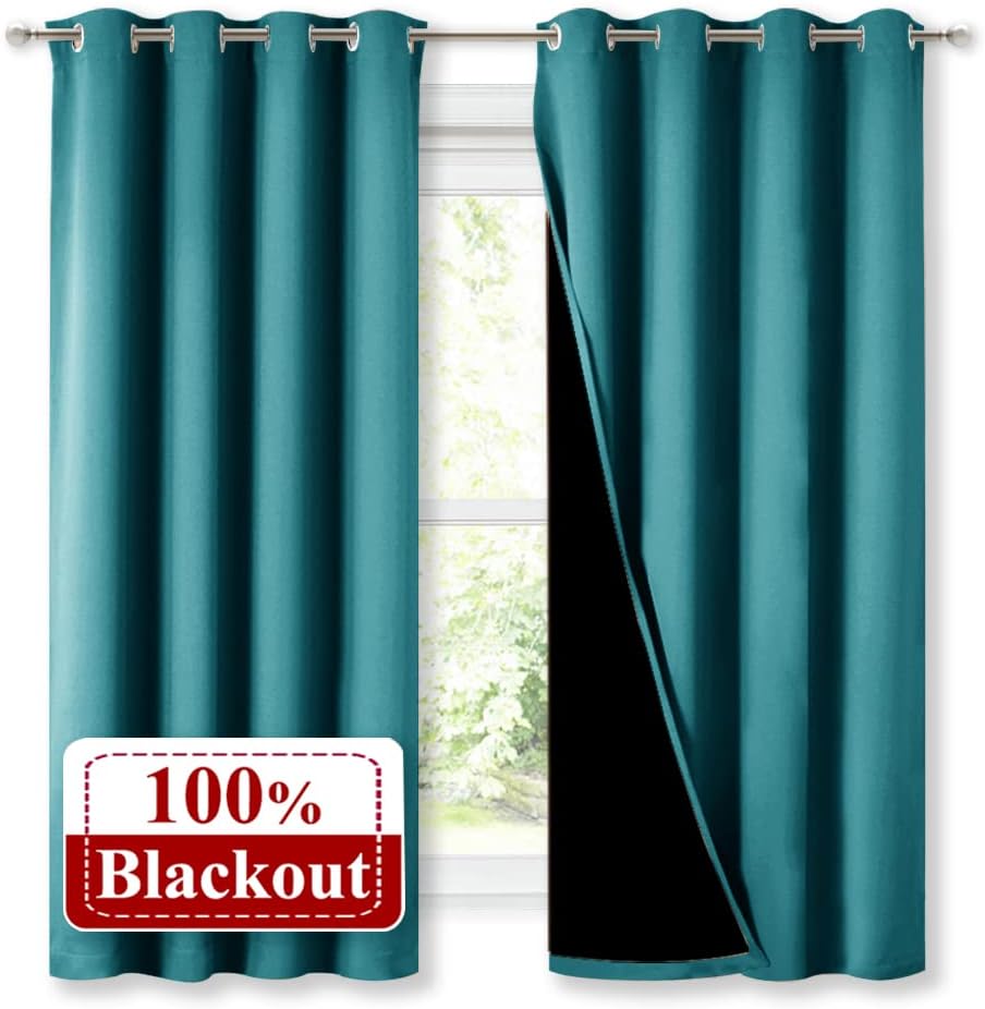 Nicetown 100% Blackout Curtains with Black Liner, Thermal Insulated Full Blackout 2-Layer Lined Drapes, Energy Efficiency Window Draperies…