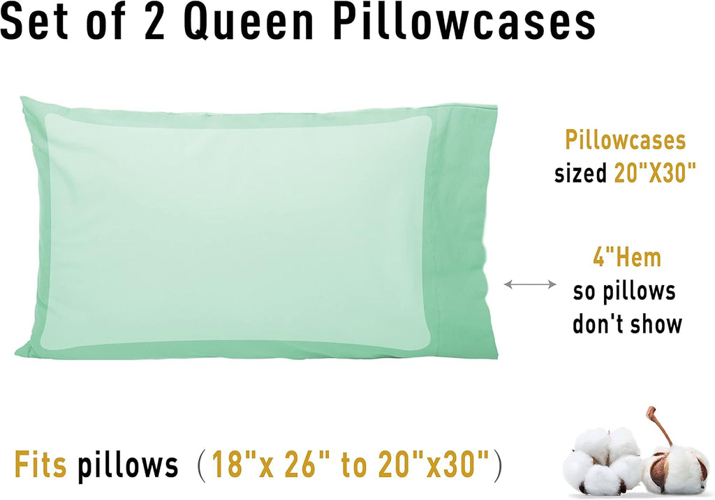 Sunflower Queen Pillowcases Set of 2, 100% Cotton Queen Pillow Cases 2, 20×30 inches Zephyr Green, Soft and Breathable