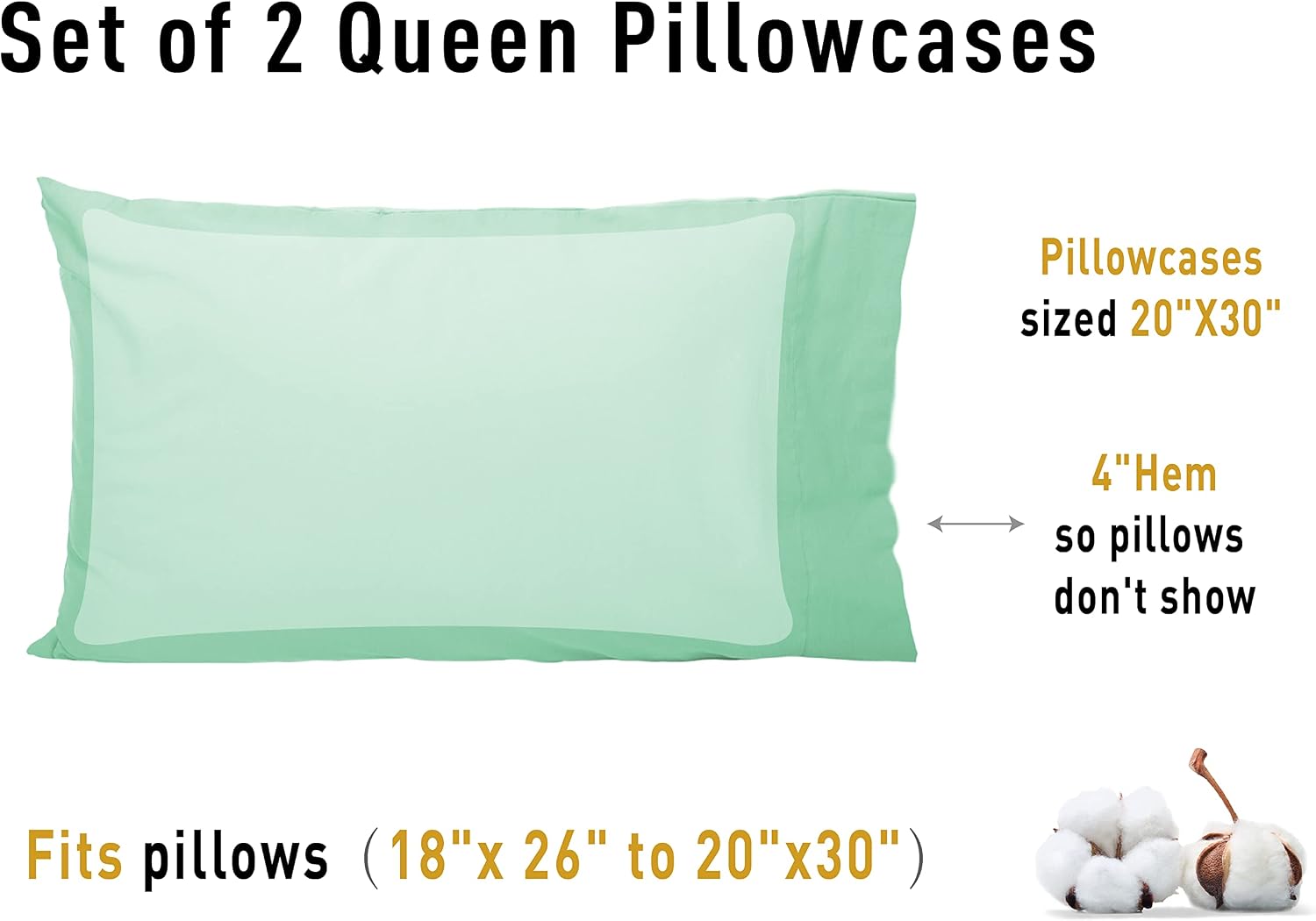Sunflower Queen Pillowcases Set of 2, 100% Cotton Queen Pillow Cases 2, 20×30 inches Zephyr Green, Soft and Breathable
