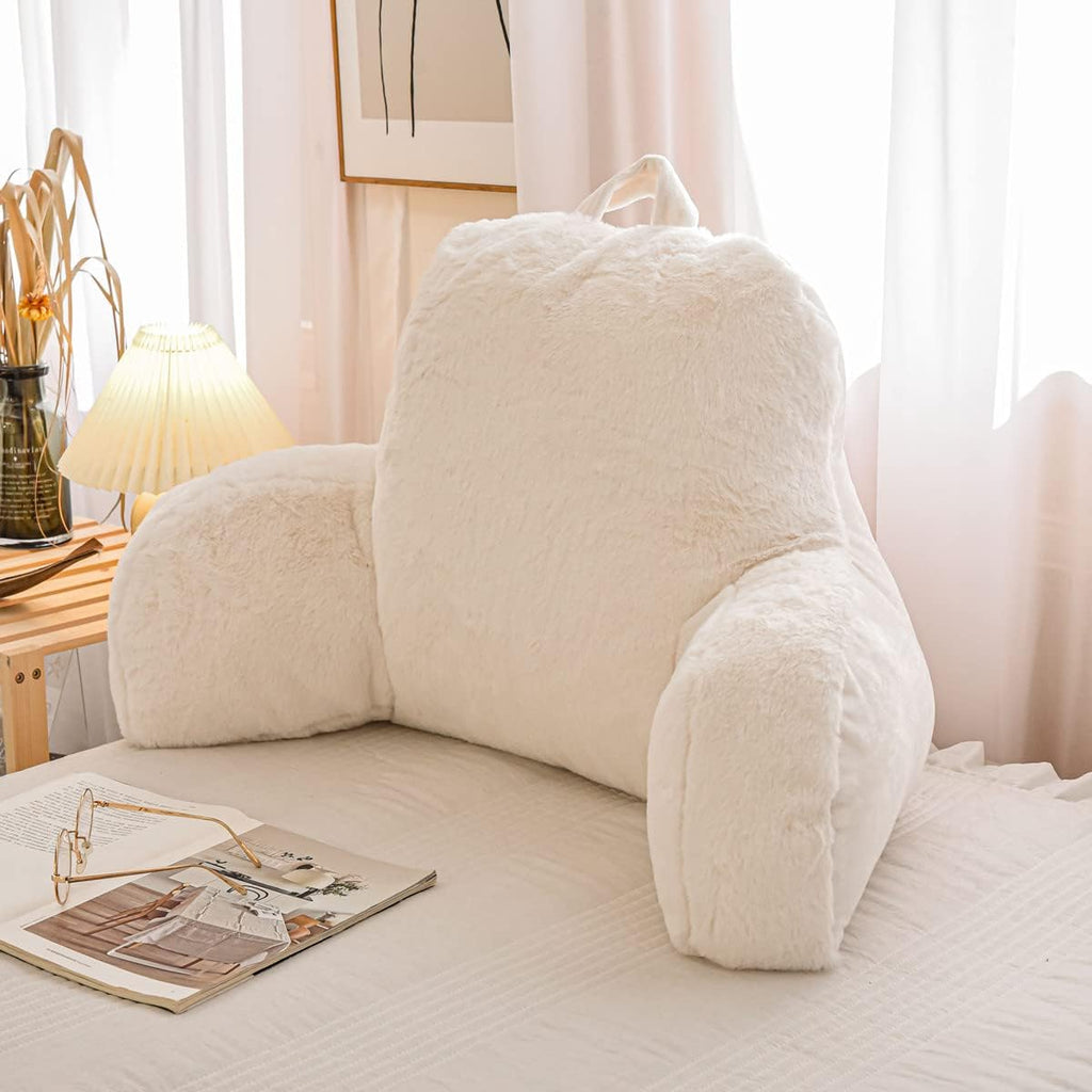 Ntbed Faux Fur Reading Pillow Large Adult Teens Back Rest Pillow with Arms, Bedrest Pillow for Sitting Up in Bed (Ivory, Large) 6 inches Whi…