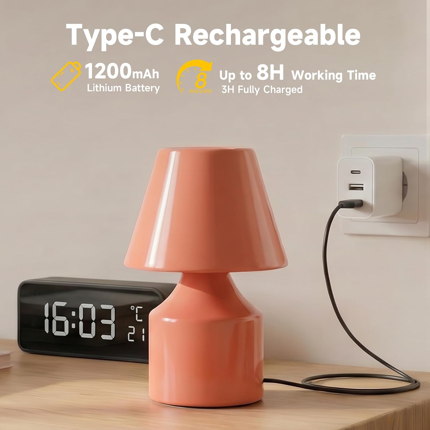 AUGE LIGHT Mini Tap Lamp, Touch Control Night Light, Type-C Rechargeable Cordless Table Lamp for Bedroom, Living Room, Kids' Gift, Pink